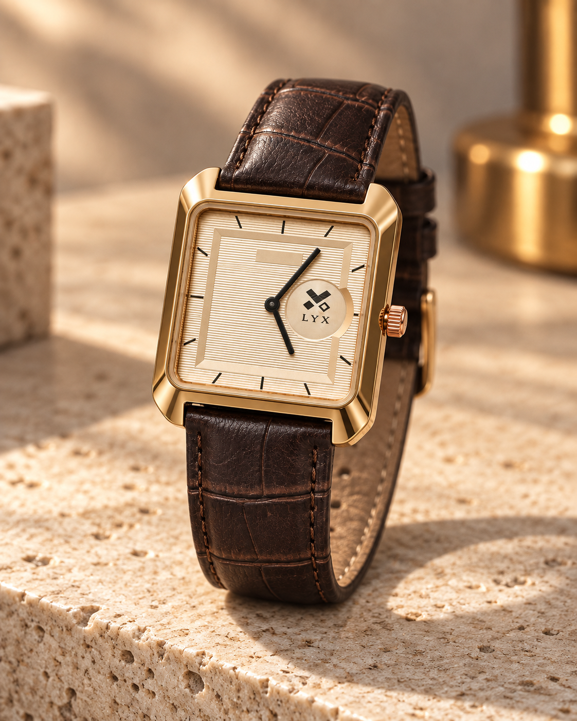 LYX Daybreak – Rose Gold Square Analog Watch for Men | Best Square Dial Watch | Brown Leather Strap