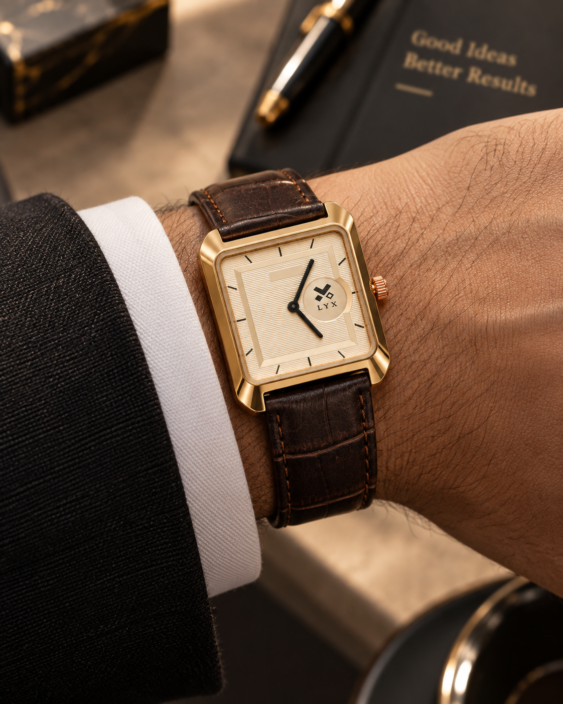 LYX Daybreak – Rose Gold Square Analog Watch for Men | Best Square Dial Watch | Brown Leather Strap