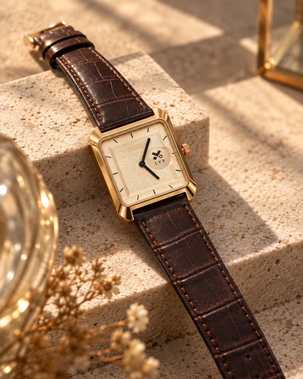 LYX Daybreak – Rose Gold Square Analog Watch for Men | Best Square Dial Watch | Brown Leather Strap