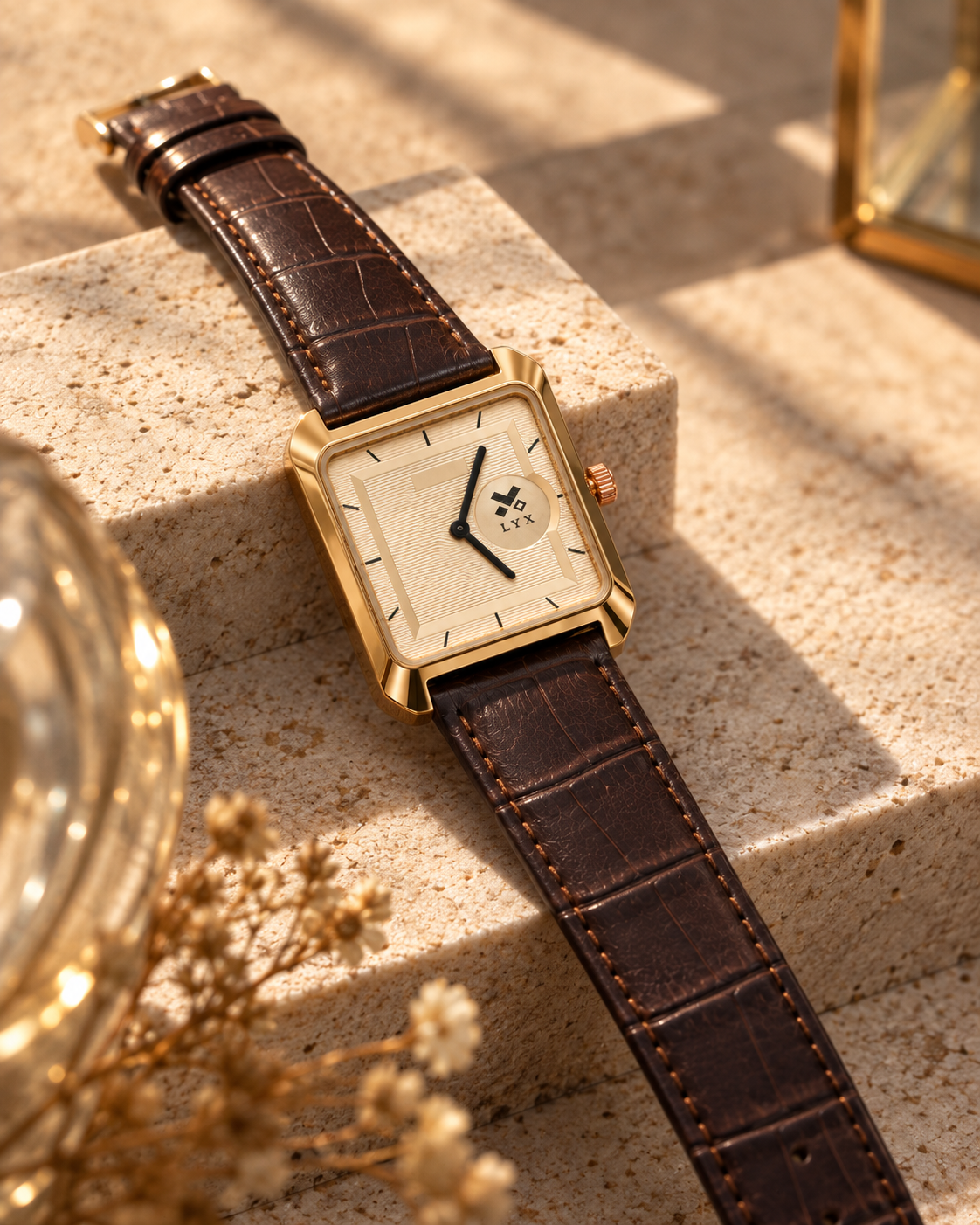 LYX Daybreak – Rose Gold Square Analog Watch for Men | Best Square Dial Watch | Brown Leather Strap