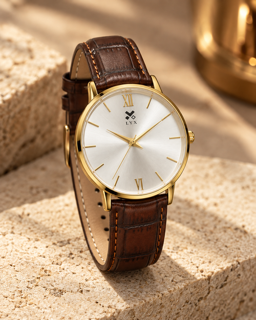 LYX Amber Light – Gold Analog Watch for Men | Best Formal Analog Watch | Roman Numerals, Leather Strap
