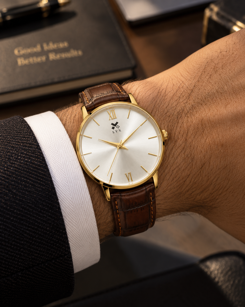 LYX Amber Light – Gold Analog Watch for Men | Best Formal Analog Watch | Roman Numerals, Leather Strap