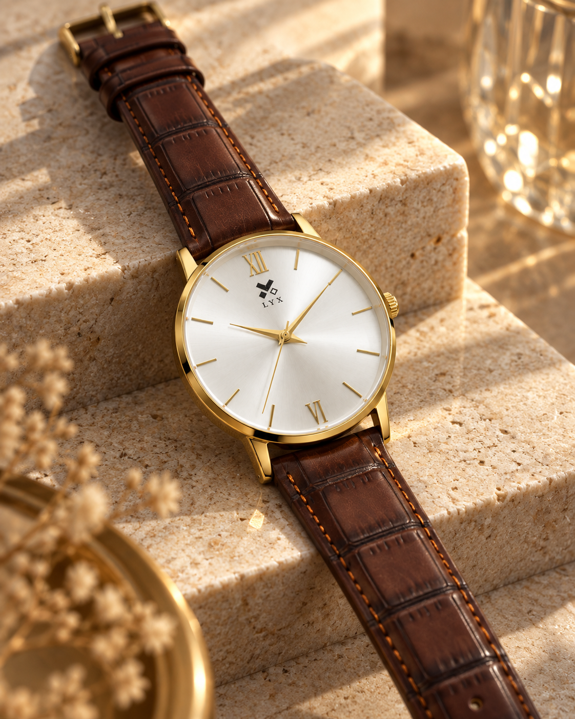 LYX Amber Light – Gold Analog Watch for Men | Best Formal Analog Watch | Roman Numerals, Leather Strap