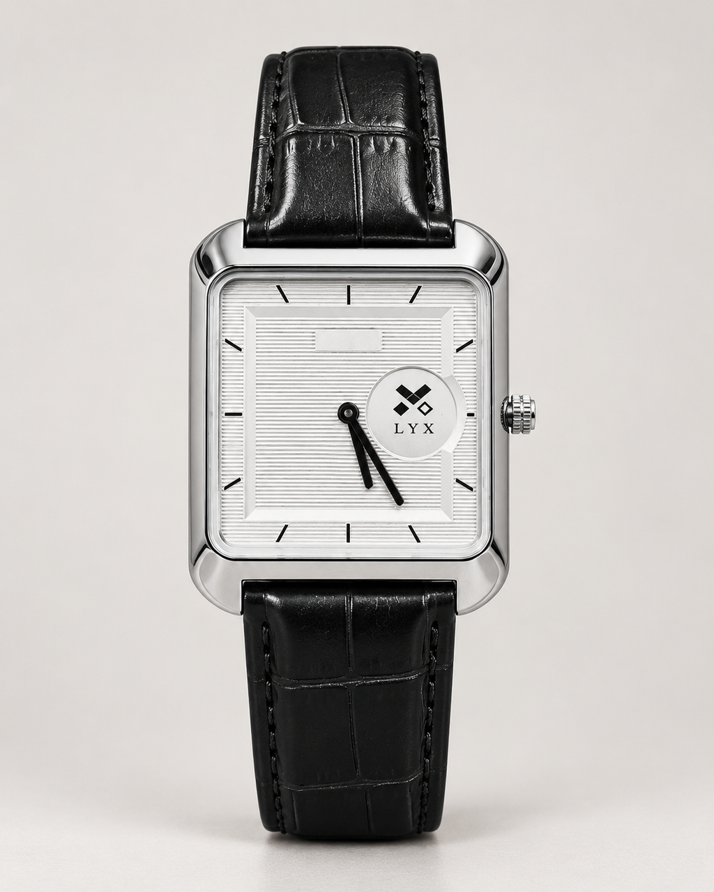 LYX Noir – Silver Square Analog Watch for Men | Minimal Square Dial Watch | Black Leather Strap
