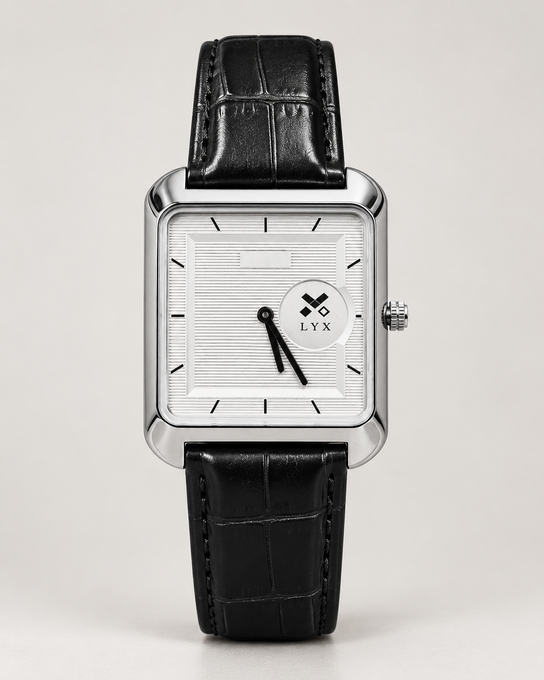 LYX Noir – Silver Square Analog Watch for Men | Minimal Square Dial Watch | Black Leather Strap