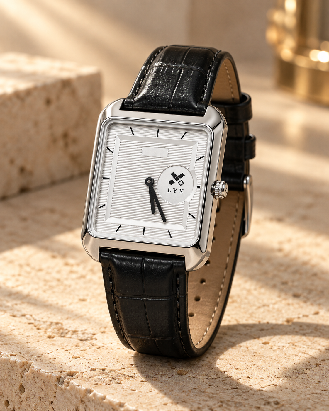 LYX Noir – Silver Square Analog Watch for Men | Minimal Square Dial Watch | Black Leather Strap