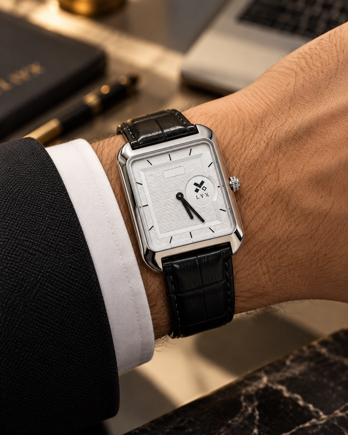 LYX Noir – Silver Square Analog Watch for Men | Minimal Square Dial Watch | Black Leather Strap