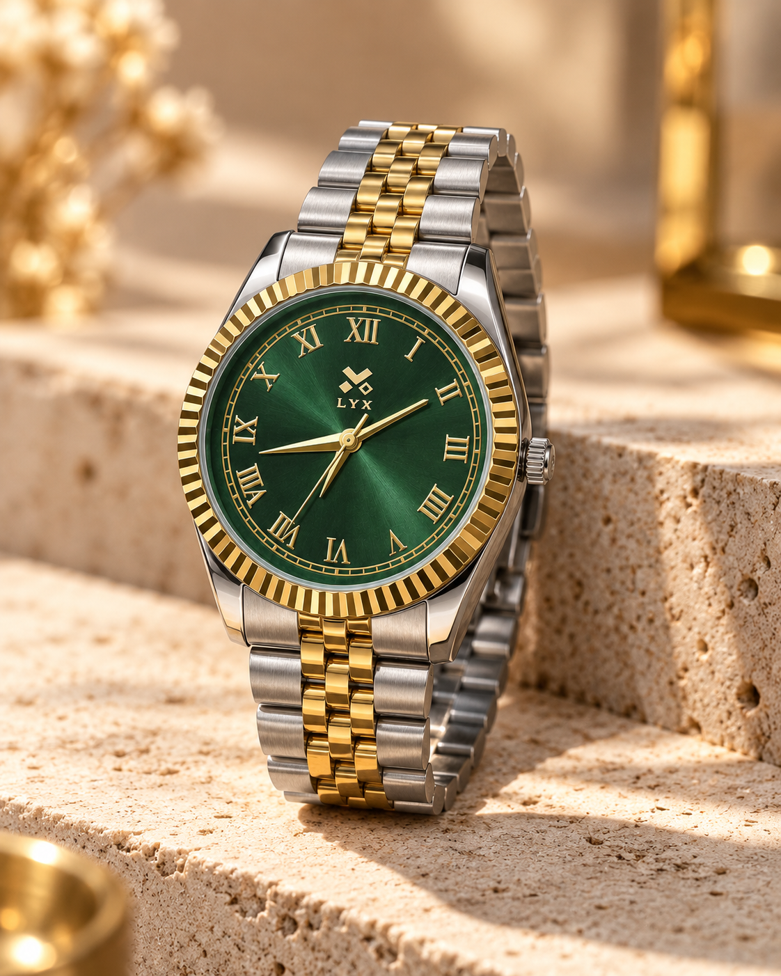 LYX Starlight – Two-Tone Gold & Silver Analog Watch for Men | Best Analog Watch with Fluted Bezel | Green Dial