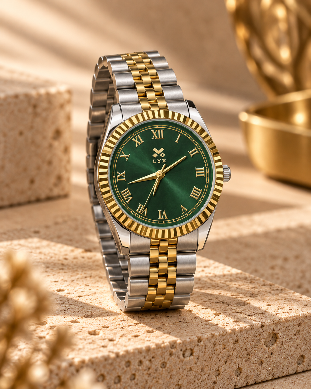 LYX Starlight – Two-Tone Gold & Silver Analog Watch for Men | Best Analog Watch with Fluted Bezel | Green Dial