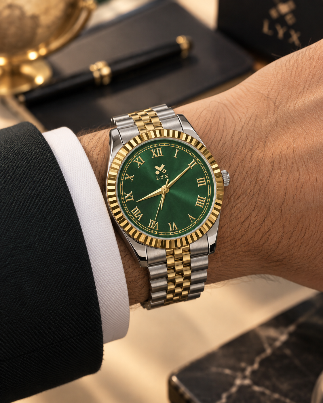 LYX Starlight – Two-Tone Gold & Silver Analog Watch for Men | Best Analog Watch with Fluted Bezel | Green Dial