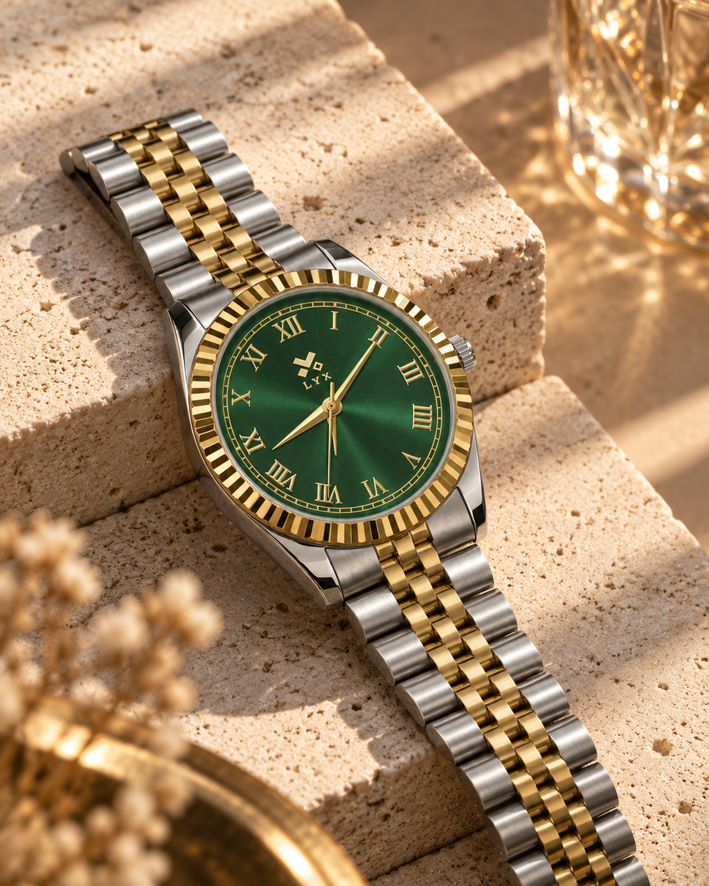 LYX Starlight – Two-Tone Gold & Silver Analog Watch for Men | Best Analog Watch with Fluted Bezel | Green Dial