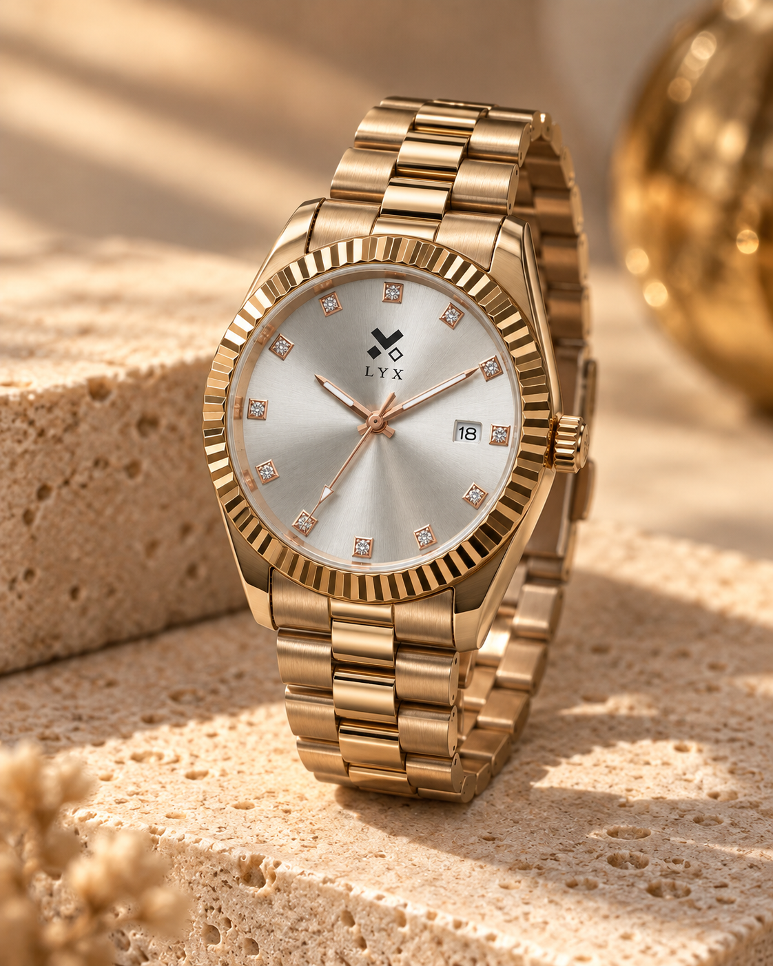 LYX Golden Hour – Full Rose Gold Analog Watch for Men | Best Analog Watch with Fluted Bezel | Diamond Markers