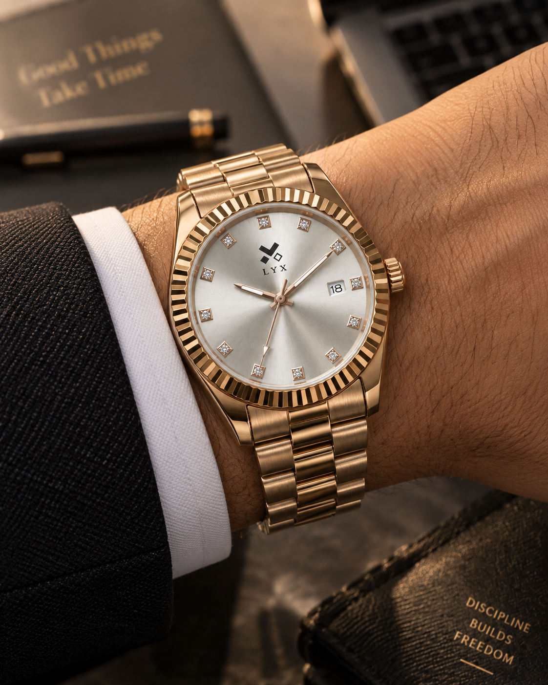 LYX Golden Hour – Full Rose Gold Analog Watch for Men | Best Analog Watch with Fluted Bezel | Diamond Markers