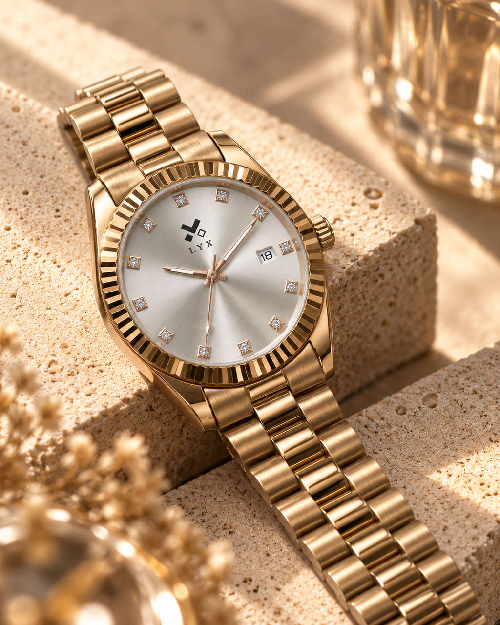 LYX Golden Hour – Full Rose Gold Analog Watch for Men | Best Analog Watch with Fluted Bezel | Diamond Markers