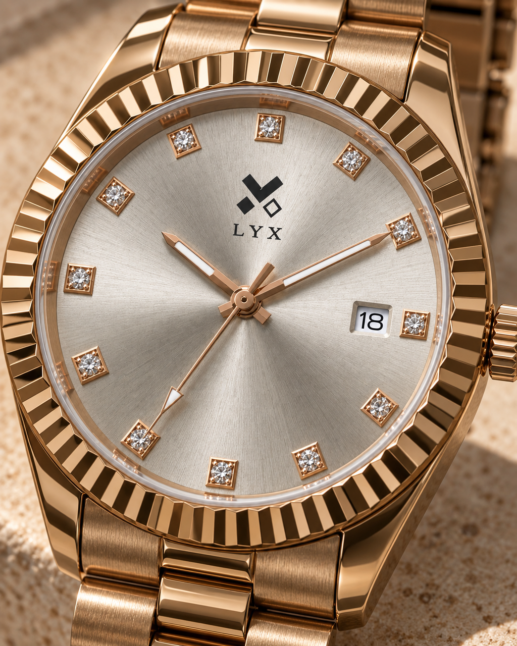 LYX Golden Hour – Full Rose Gold Analog Watch for Men | Best Analog Watch with Fluted Bezel | Diamond Markers
