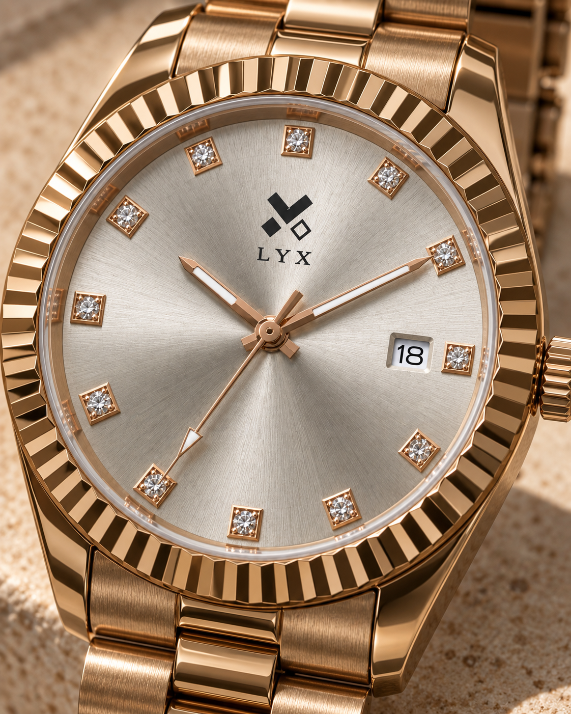 LYX Golden Hour – Full Rose Gold Analog Watch for Men | Best Analog Watch with Fluted Bezel | Diamond Markers